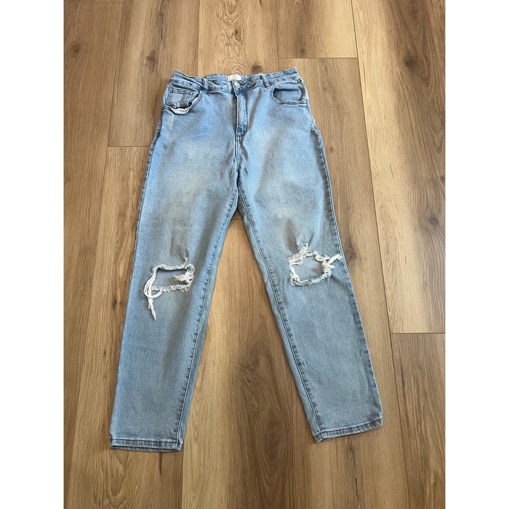 Cotton On Stretch Mom Jeans Women's 16 Blue Distressed High Rise Denim Pants